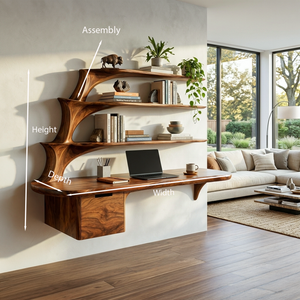 Contemporary Floating Desk With Display Shelves And Drawers For Workspace