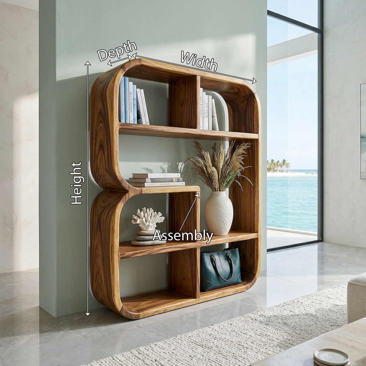 Modern Curved Wooden Bookshelf In Coastal Style