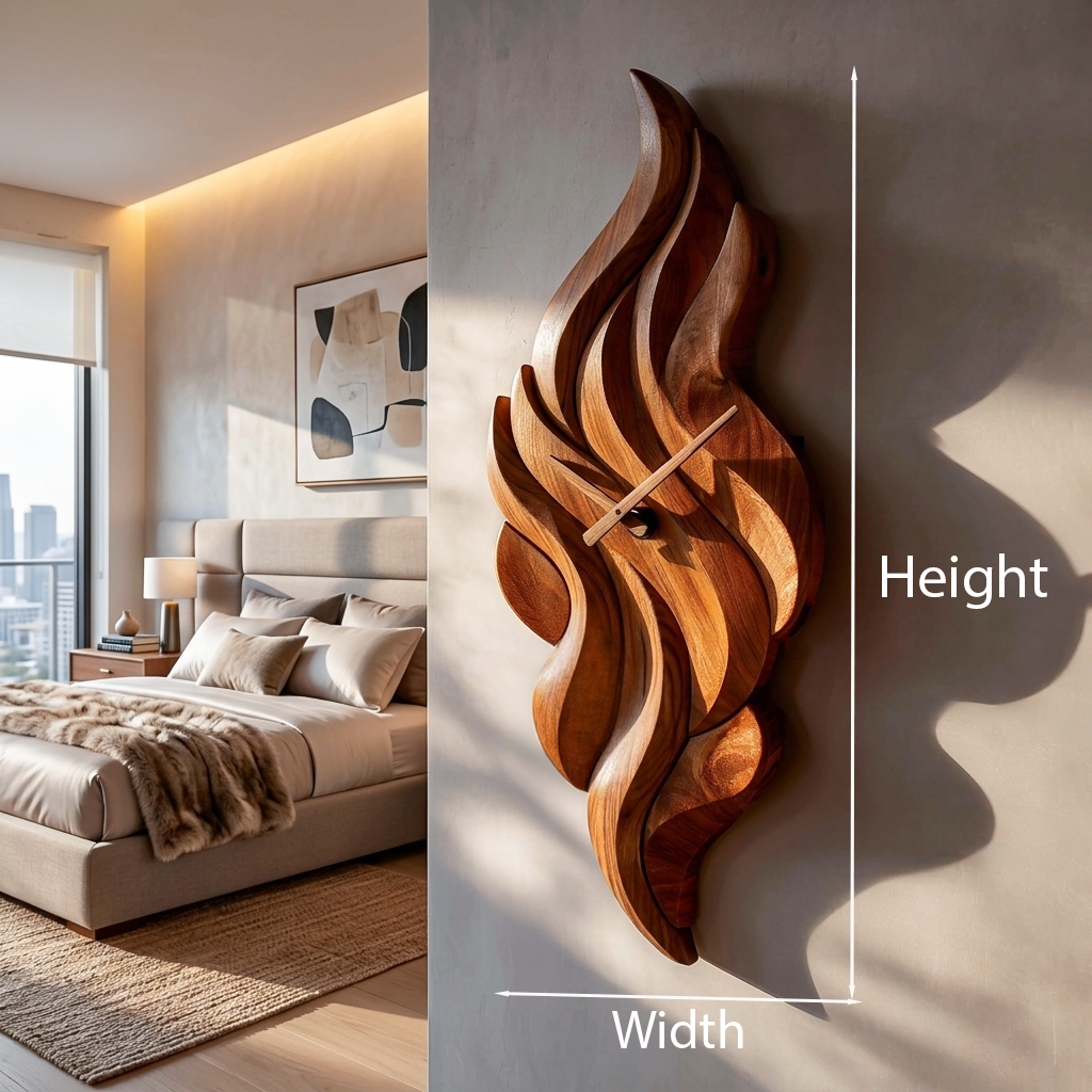 Modern Wooden Wall Clock With Sculptural Wave Carving For Interior