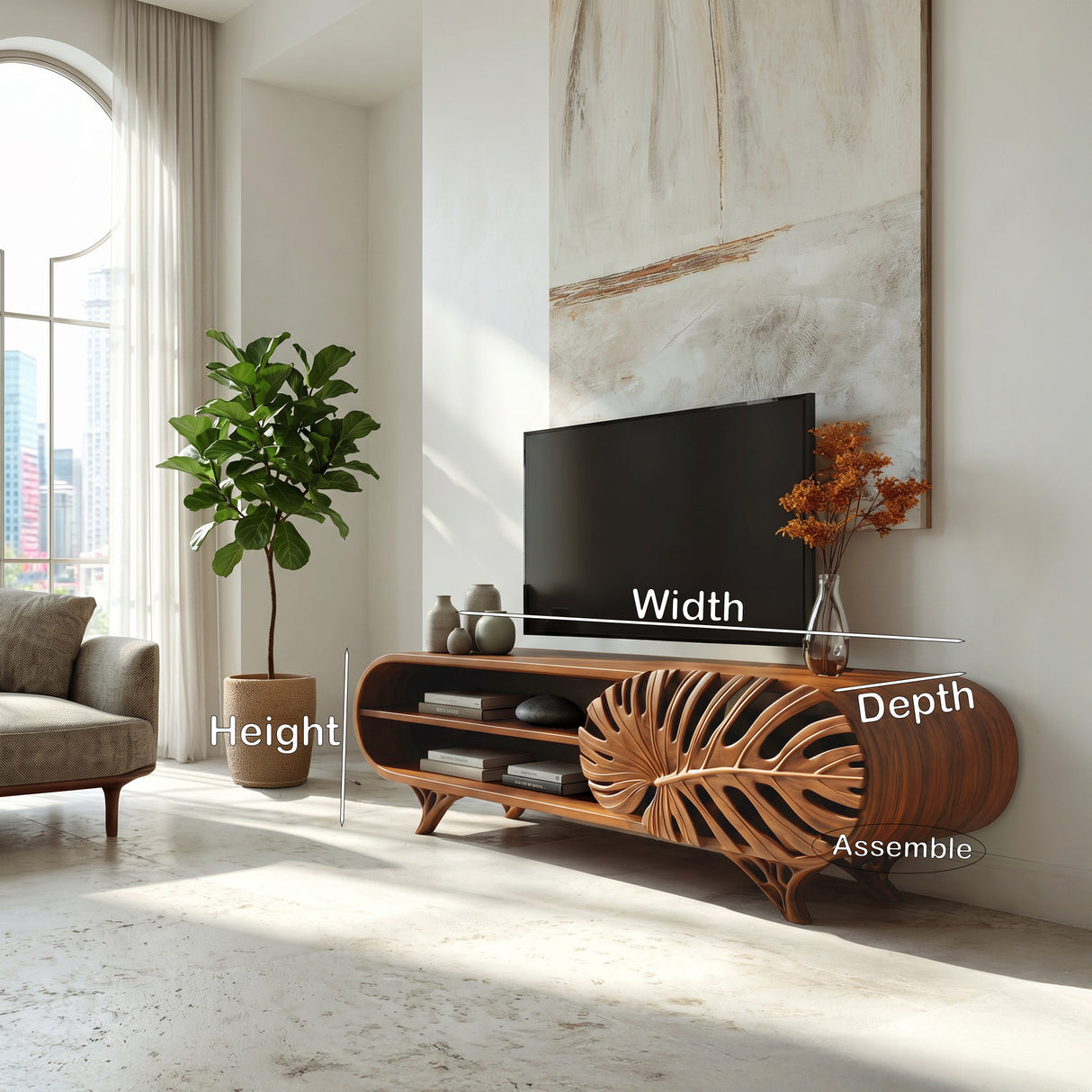 Modern Wooden TV Cabinet With Leaf Shape Door For Living