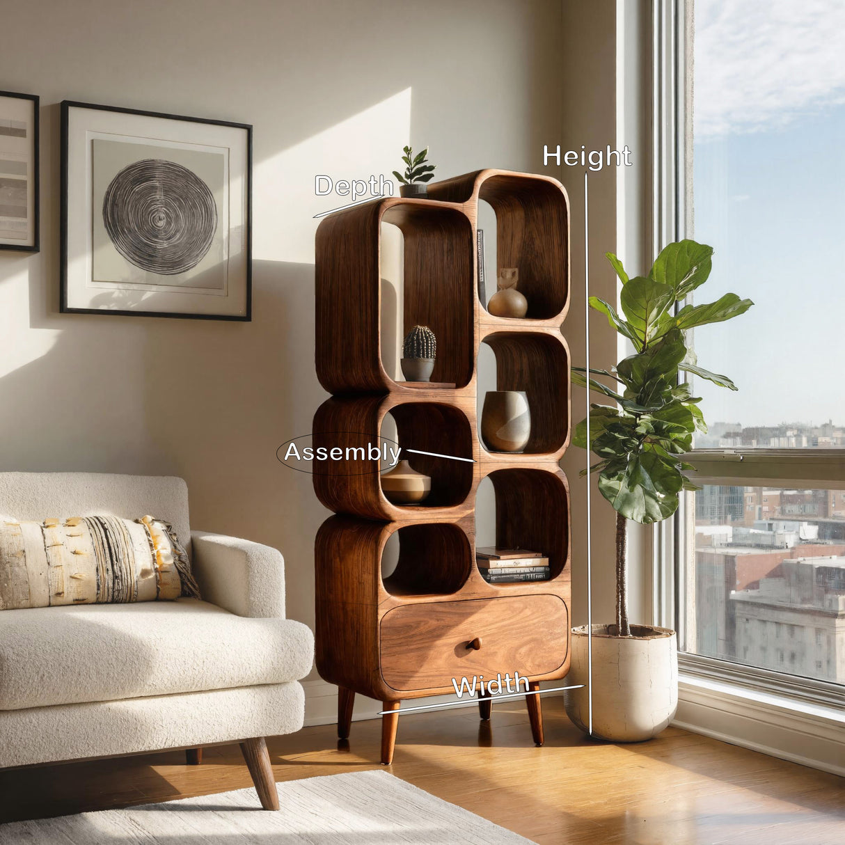 Modern Wood Bookshelf With Open Compartments For Living Decor