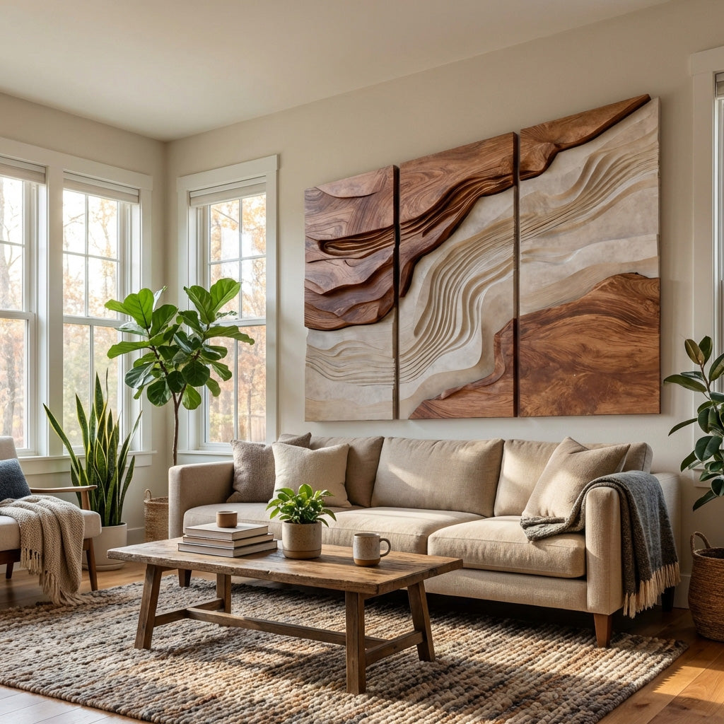 Large Triptych Wooden Wave Wall Art For Living Room