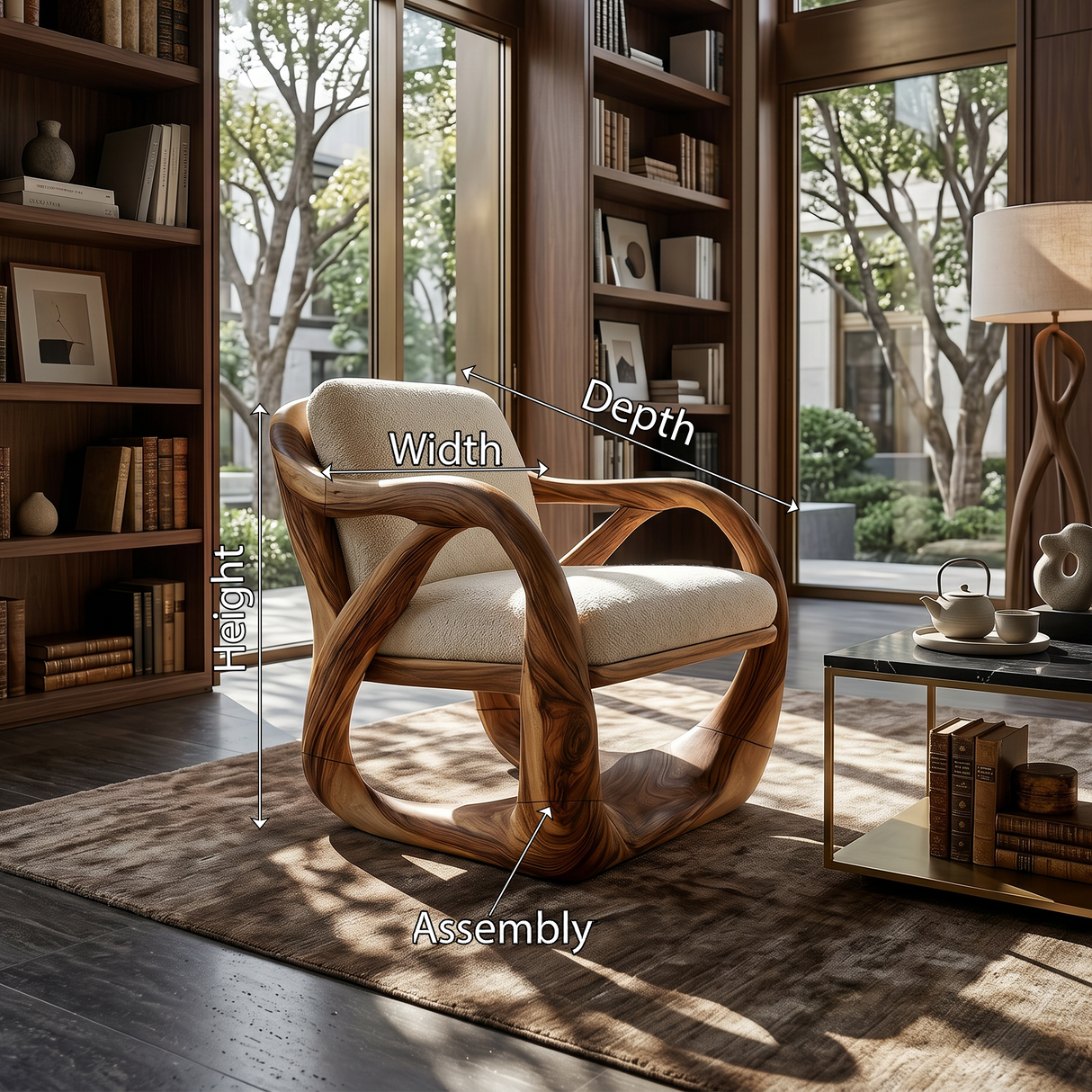 Sculpted Walnut Lounge Chair in a Grand Luxury Living Space