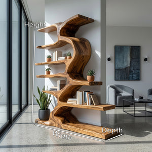 Organic Sculptural Wooden Bookshelf With Tiers For Living Room
