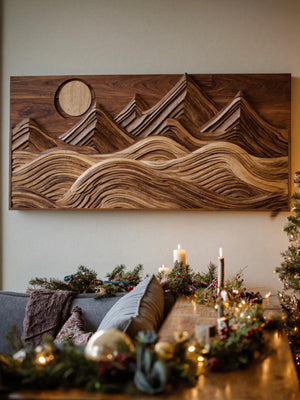 Modern Wall Art With Layered Mountain And Sun For Holiday Decoration