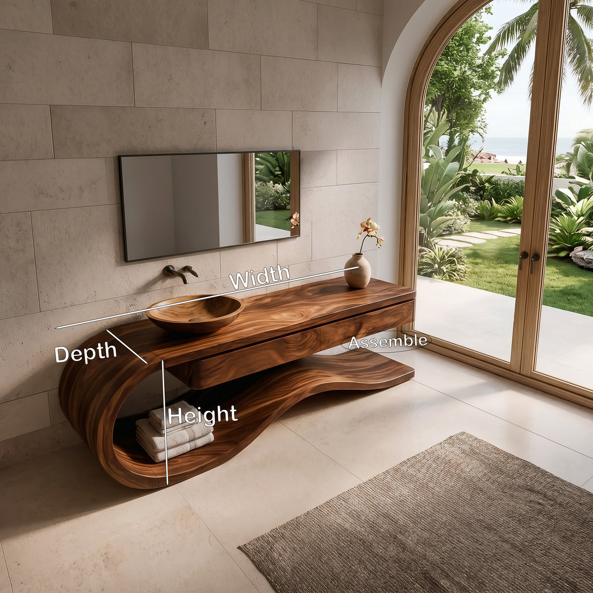 Organic Wooden Bathroom Vanity With Flowing Structure For Bathroom