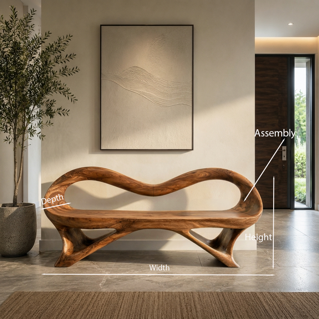 Fluid Wooden Bench With Artistic Open Frame For Hallway