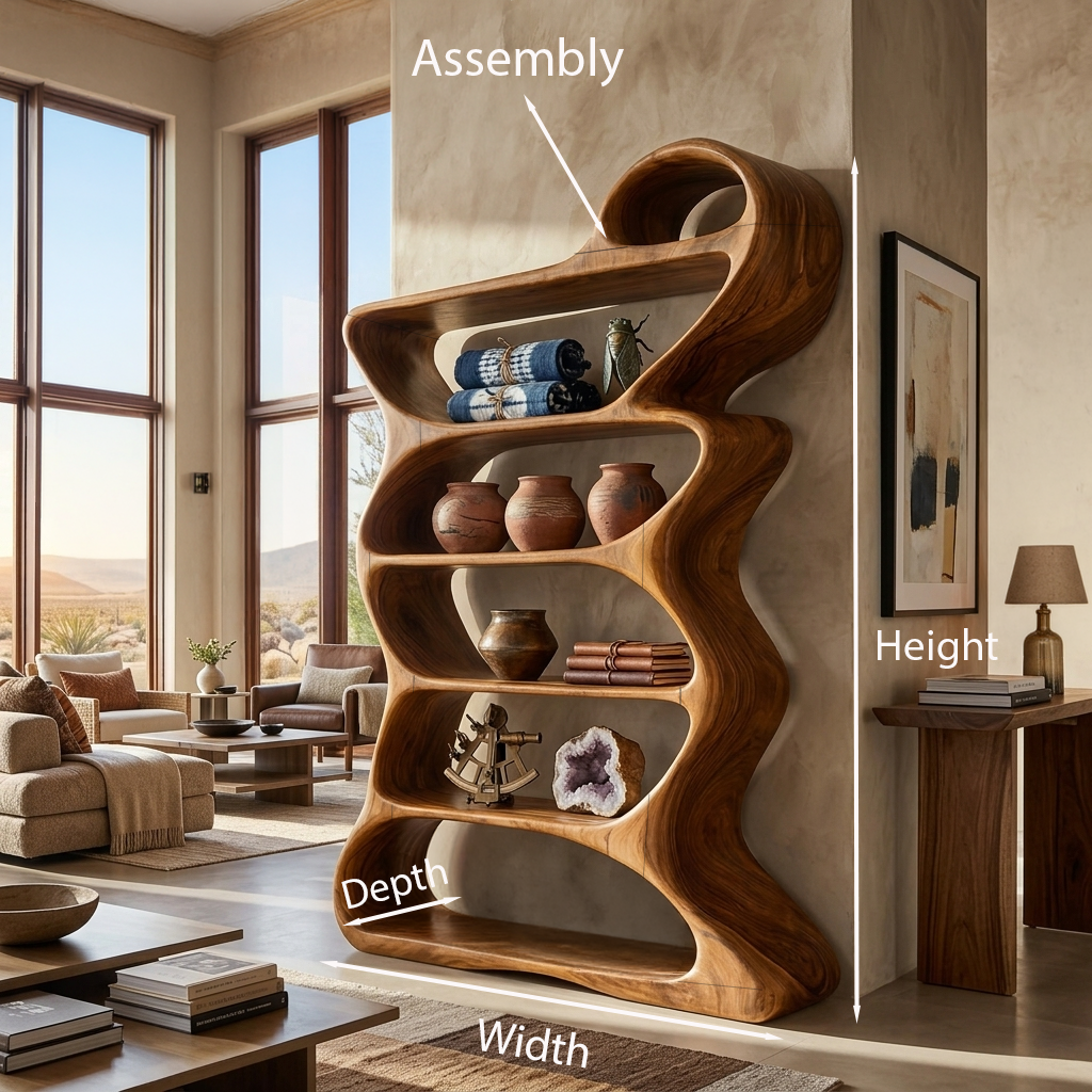 Wooden Bookshelf With Flowing Sculptural Silhouette For Living Room