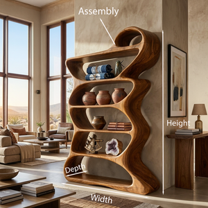 Wooden Bookshelf With Flowing Sculptural Silhouette For Living Room