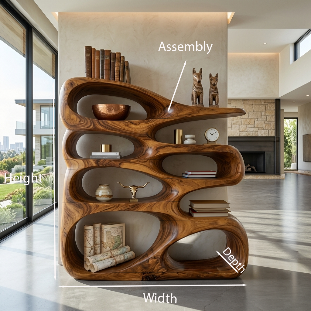 Wooden Bookshelf With Displaying Books And Collectibles For Living Room