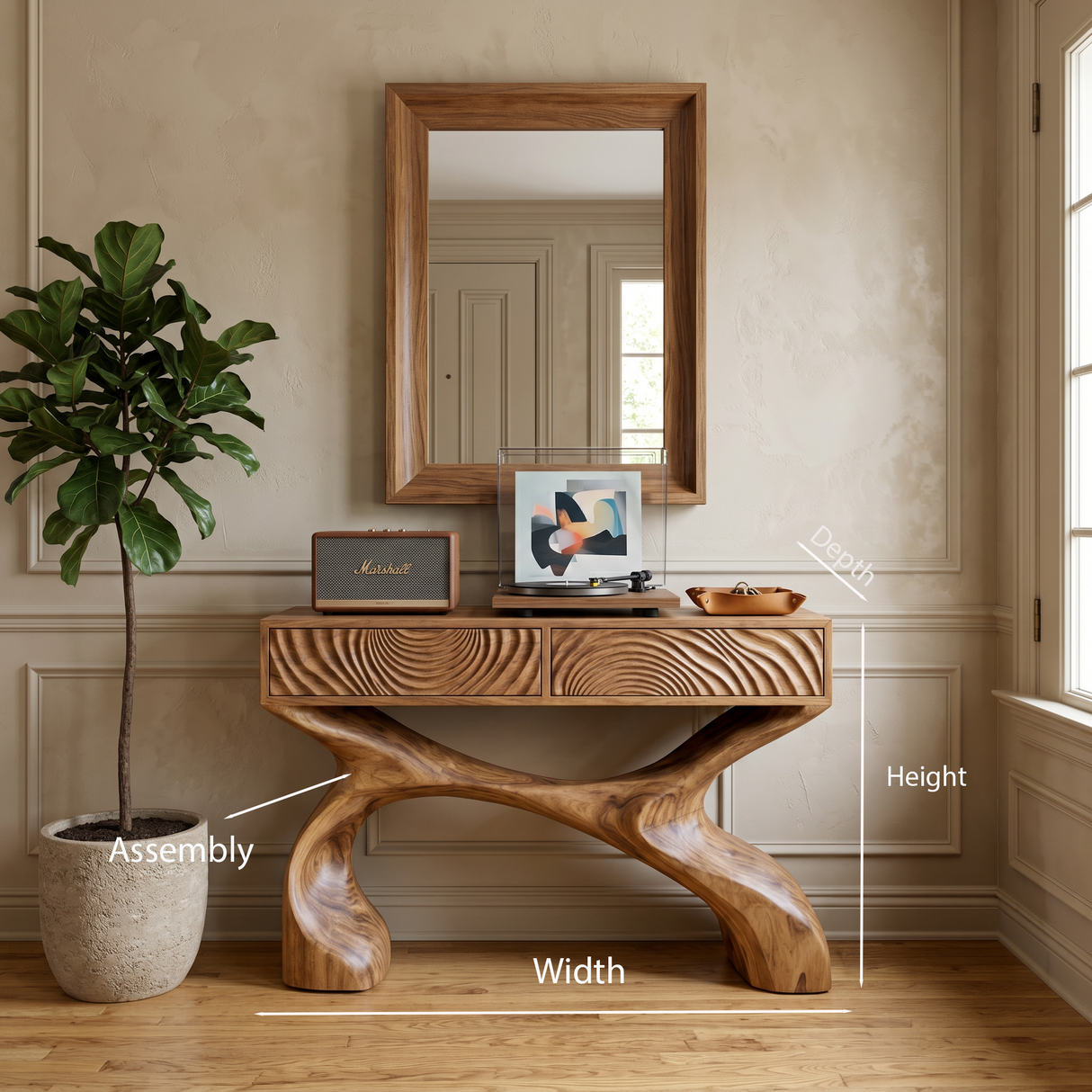 Contemporary Sculptural Wood Console Table For Hallway