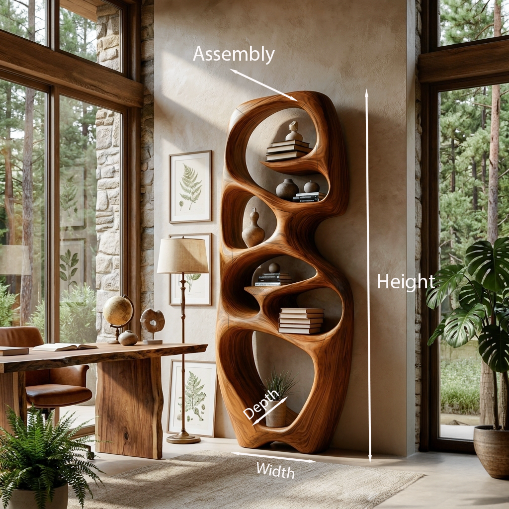 Contemporary Wooden Bookshelf Fluid Sculptural Design For Living Room