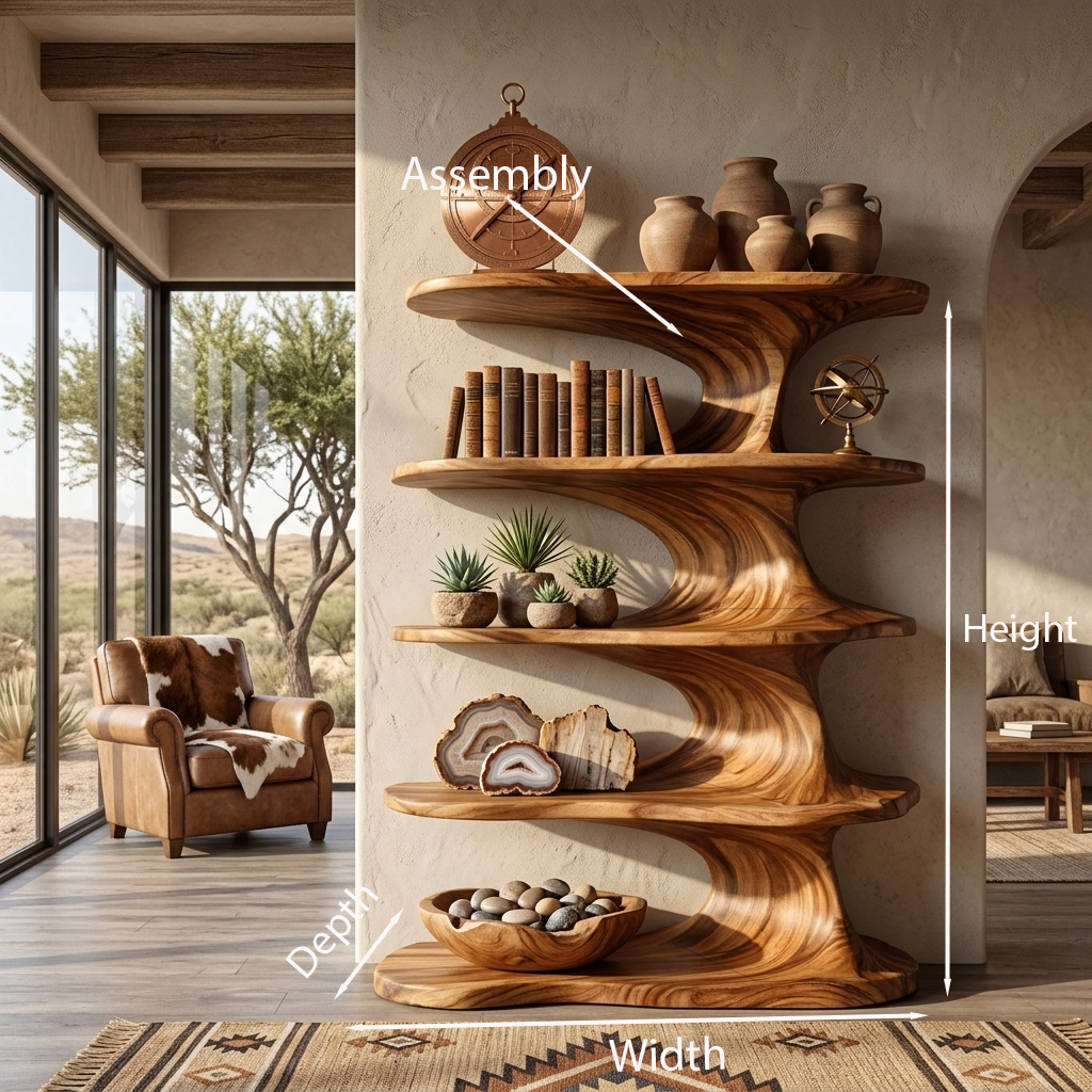Modern Wooden Bookshelf With Flowing Organic Lines For Living Room