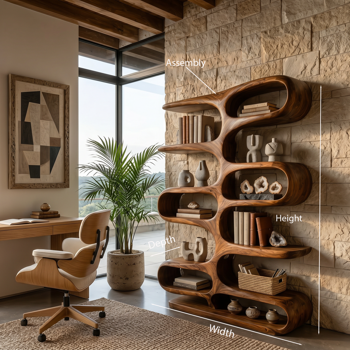 Contemporary Wooden Bookshelf With Sculptural Form For Living Room