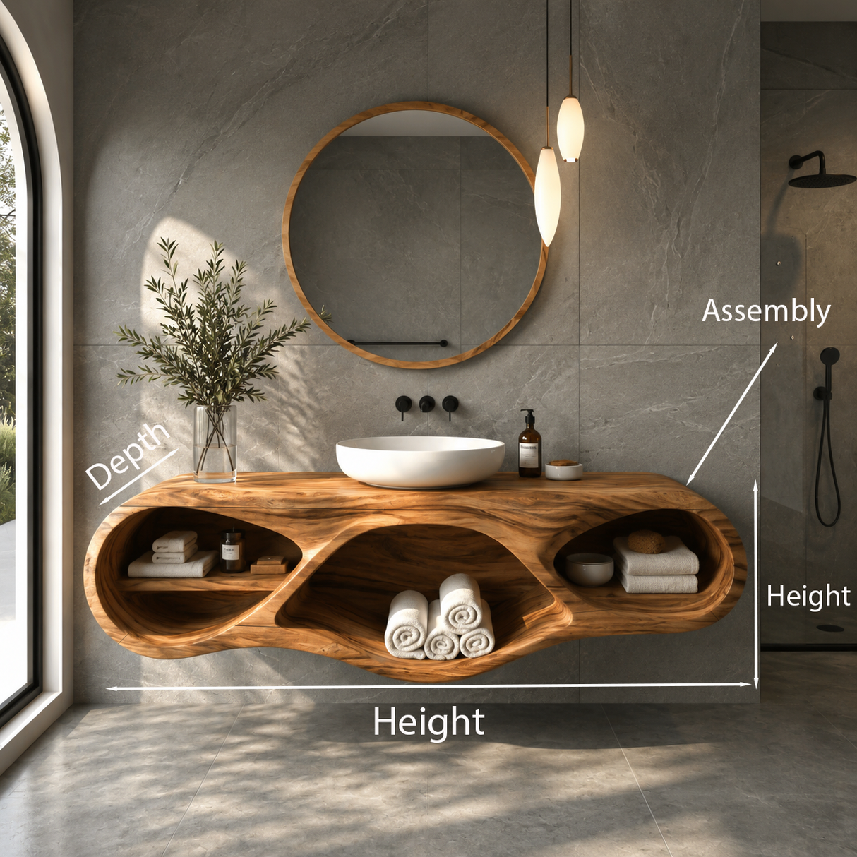 Organic Bathroom Vanity With Oval Open Shelves For Spa Bathroom
