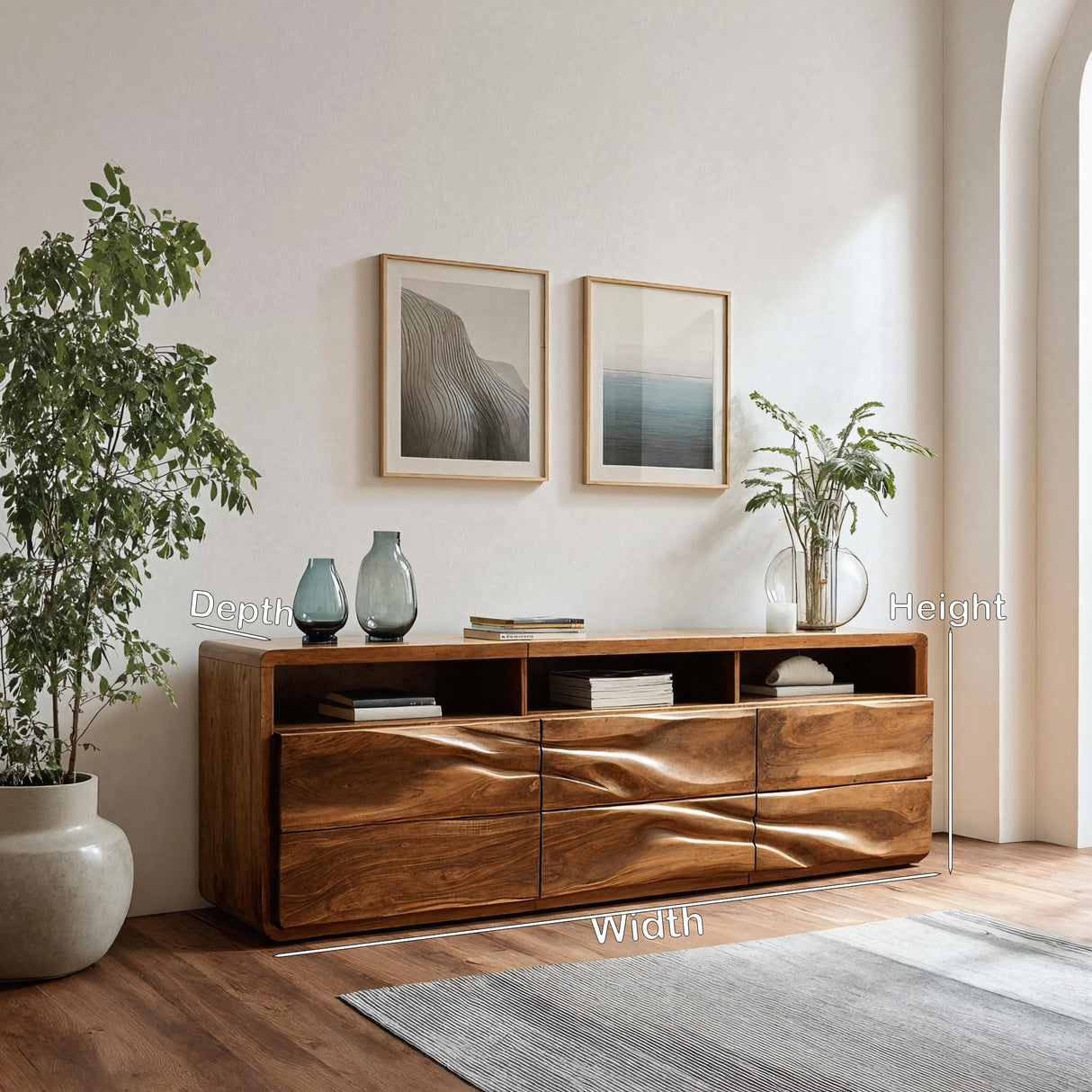 Organic Wave Carved Wood Sideboard For Living Room