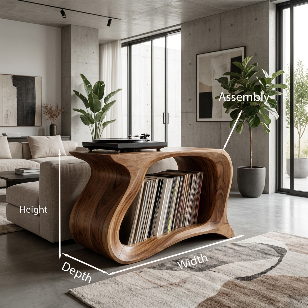 Wooden Record Player Stand With Sculptural Form For Living Room