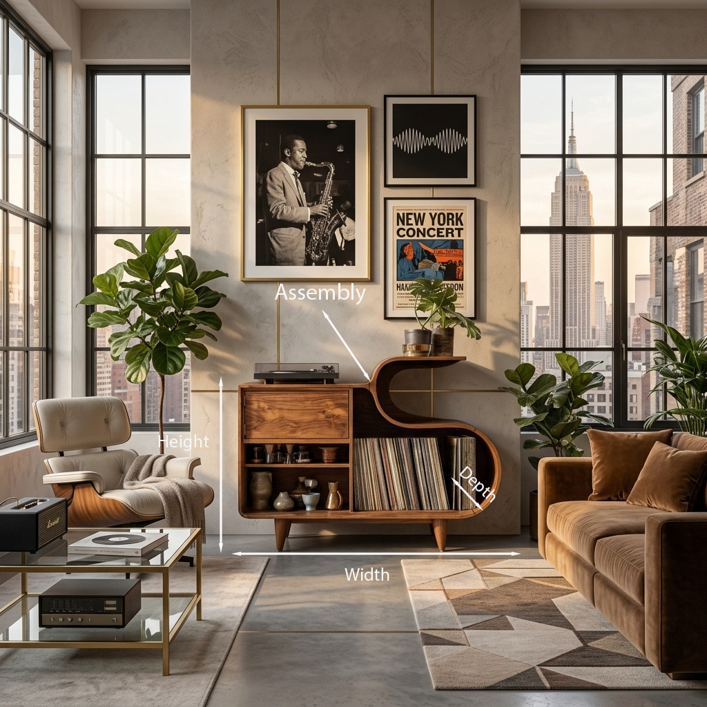 Wooden Vinyl Record Cabinet With Integrated S-Shaped Shelf For Living