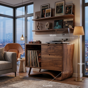Contemporary Wooden Record Player Stand With Curved Base For Home