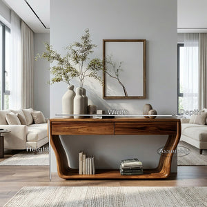 Contemporary Natural Wood Console Table With Two Drawers For Entryway