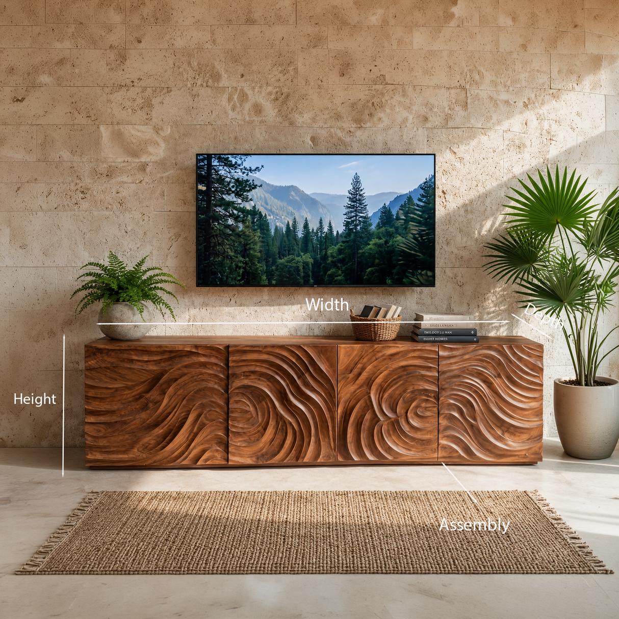 Modern TV Stand With Wave Carved Doors For Living Room