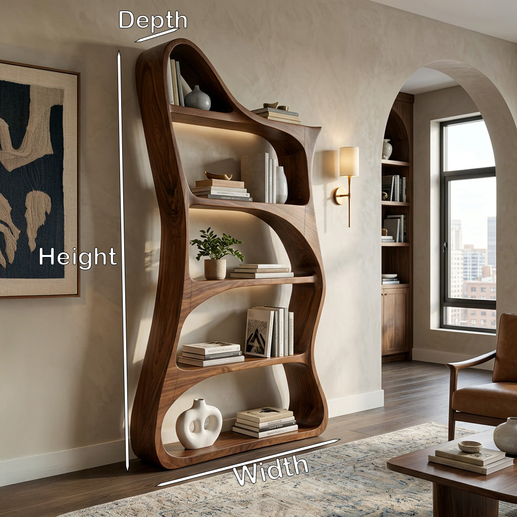 Modern Sculptural Natural Wood Bookshelf For Living Room