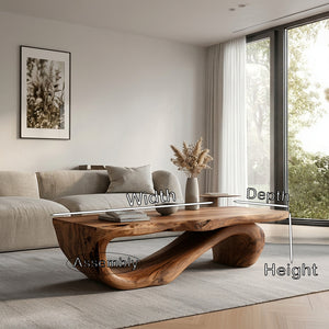 Organic Coffee Table With Carved Wood Base For Living Room