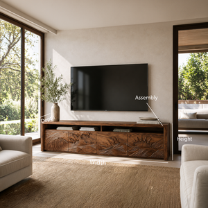 Organic TV Stand With Mountain Relief Doors For Contemporary Living