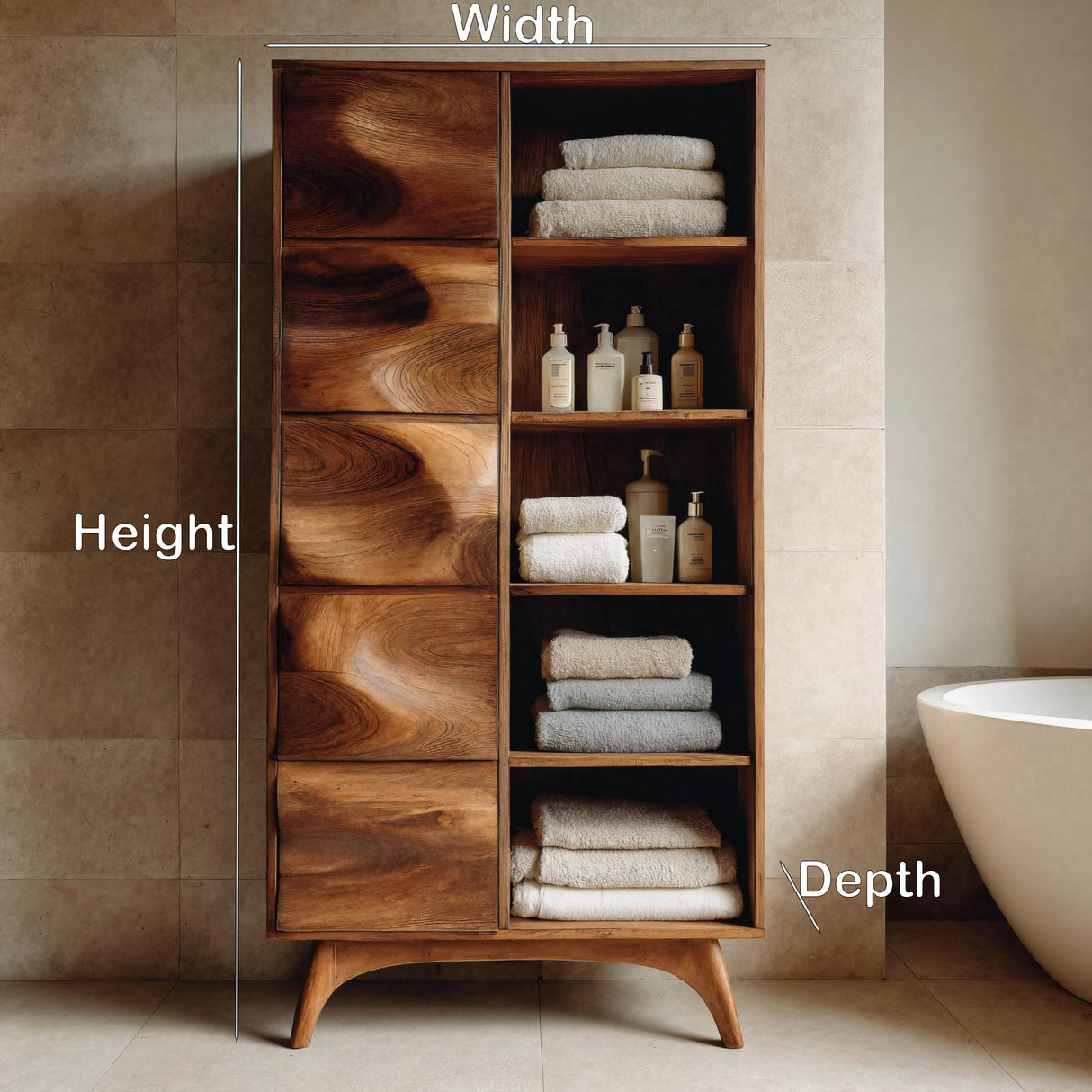 Sculpted Wood Bathroom Cabinet With Wavy Doors For Spa Decor