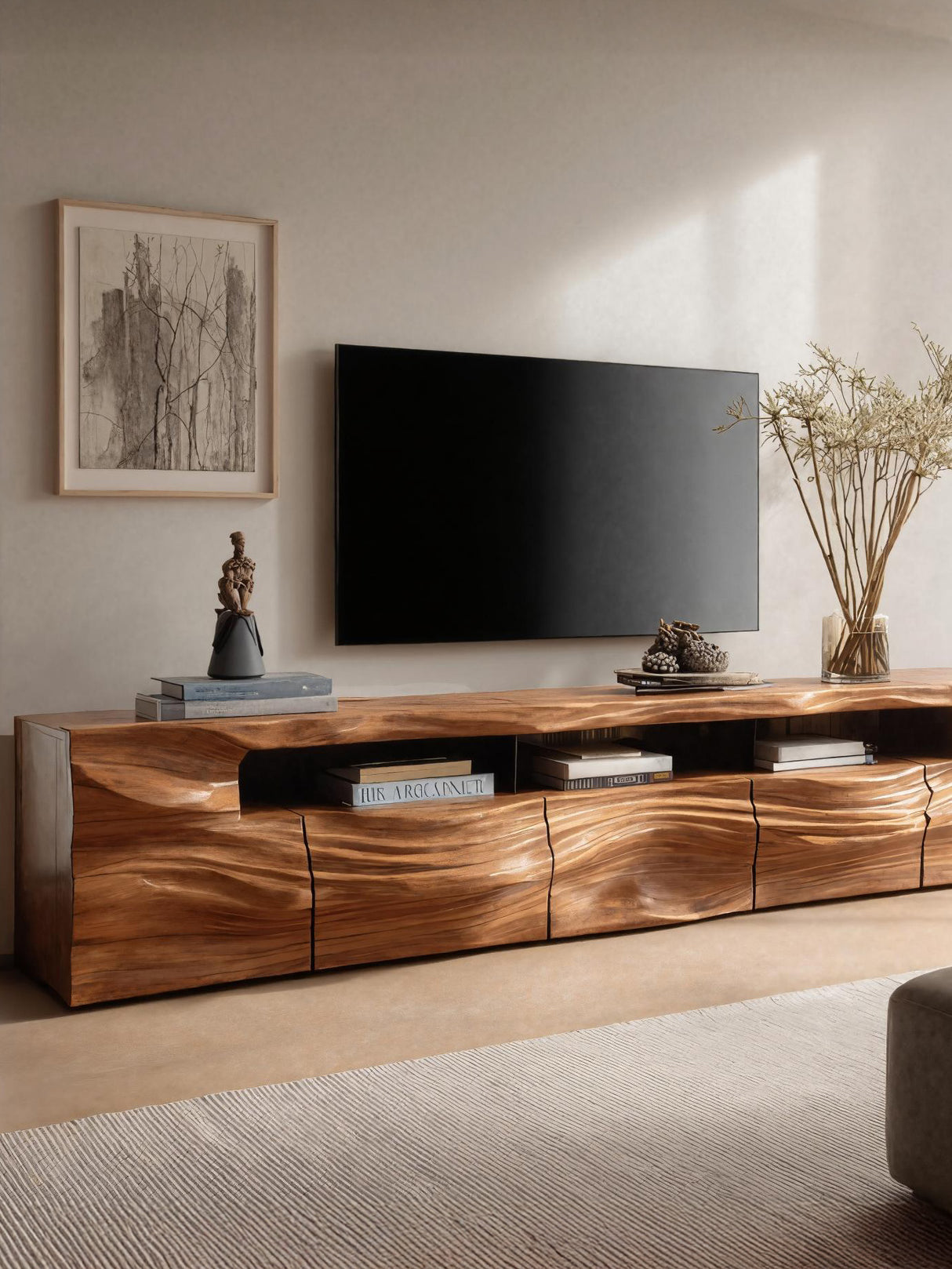 Modern Sculptural TV Console With Drawers For Living Room