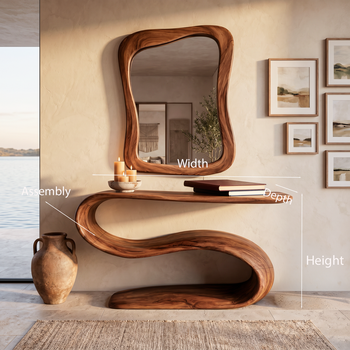 Organic Wooden Console Table With Sculptural Undulating Base For Living