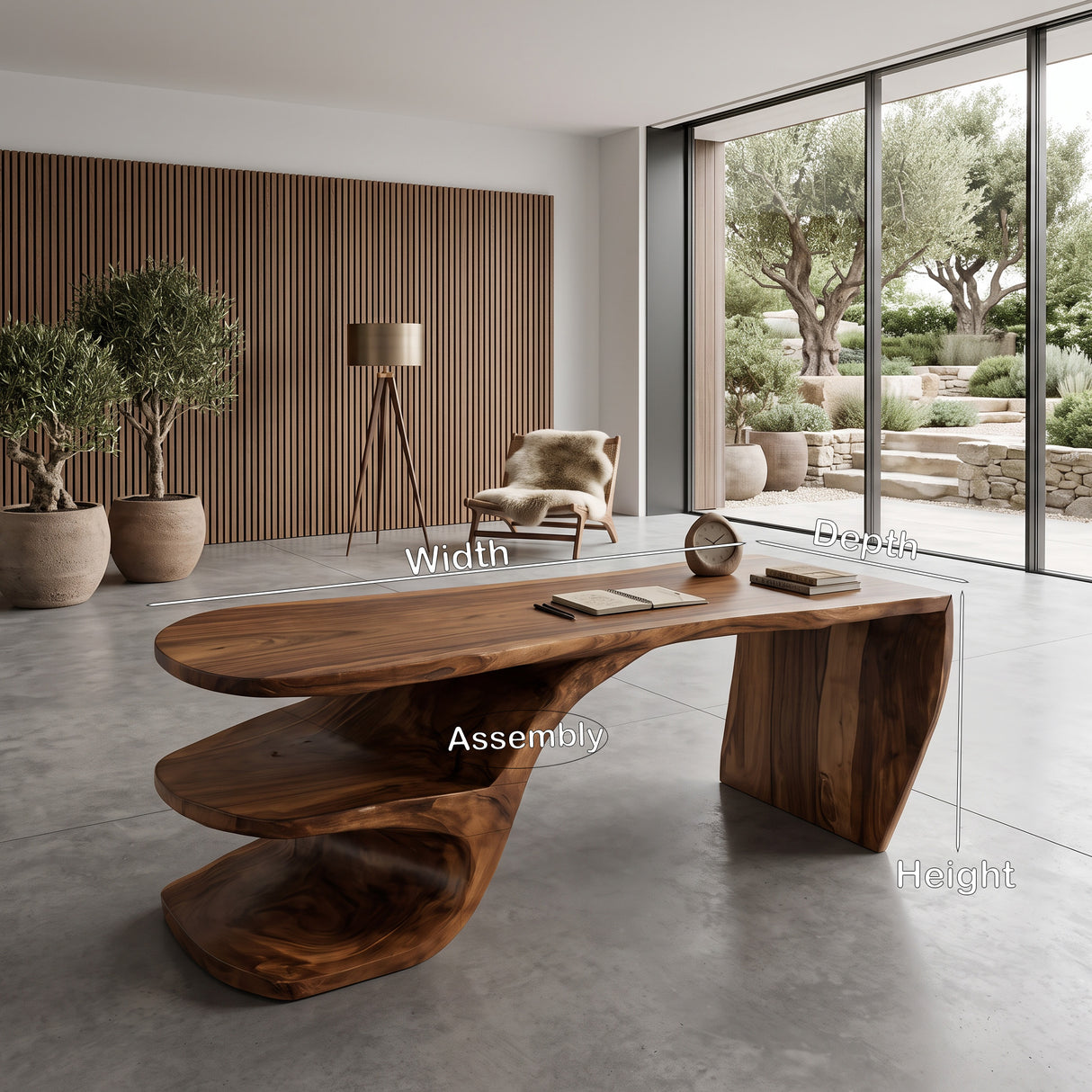 Sculptural Desk With Built-in Shelf For Home Office