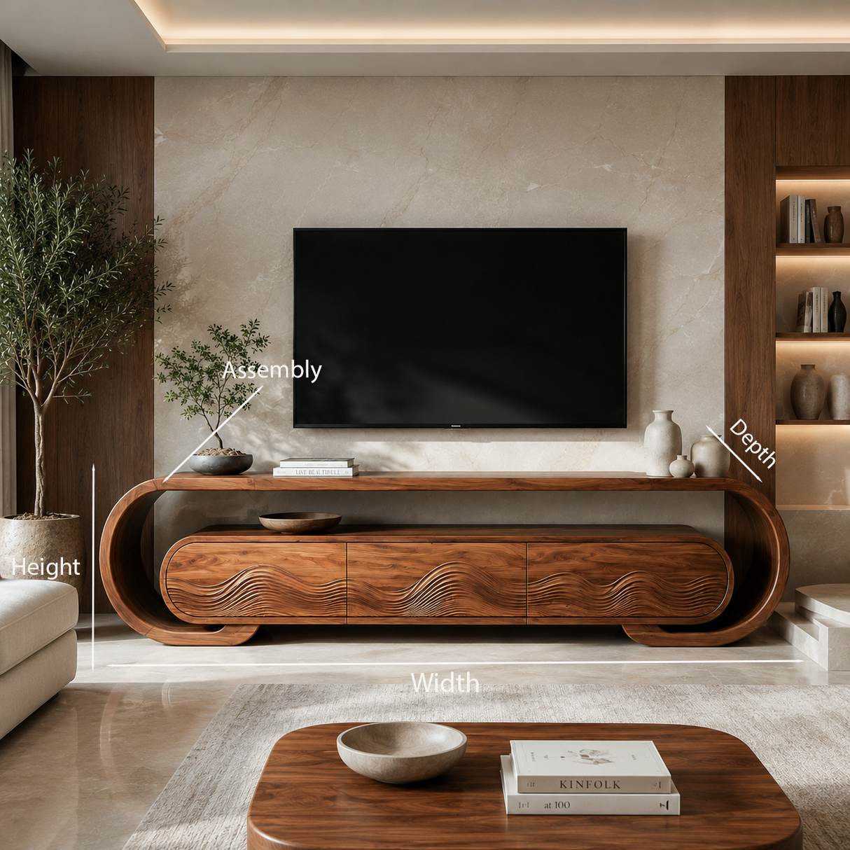 Contemporary TV Stand With Layered Wave Carved Doors For Living
