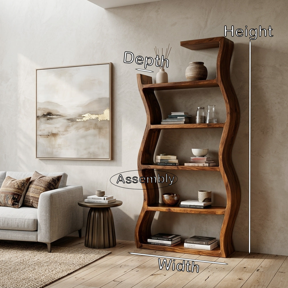 Contemporary Wooden Wavy Bookshelf With Multi Display Tiers For Living