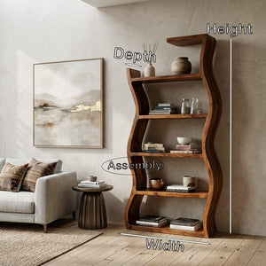 Contemporary Wooden Wavy Bookshelf With Multi Display Tiers For Living