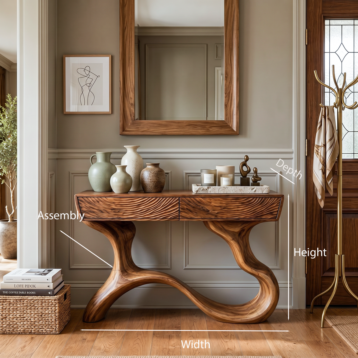 Handcrafted Wood Console Table With Organic Curved Base For Entryway