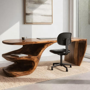 Sculptural Desk With Built-in Shelf For Home Office