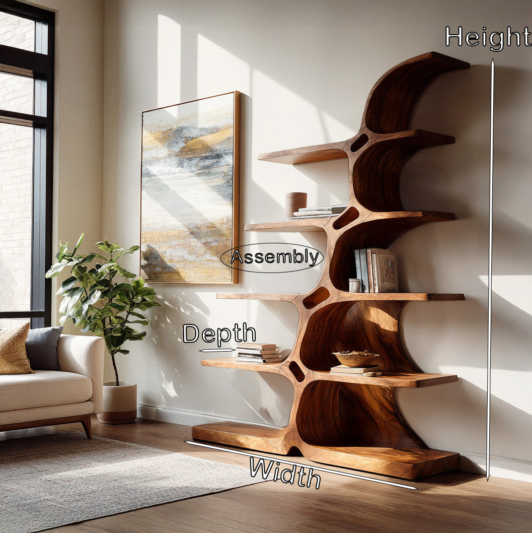Japandi Carved Sculptural Bookshelf For Living Room