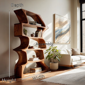 Organic Farmhouse Wooden Curved Bookshelf For Living Room