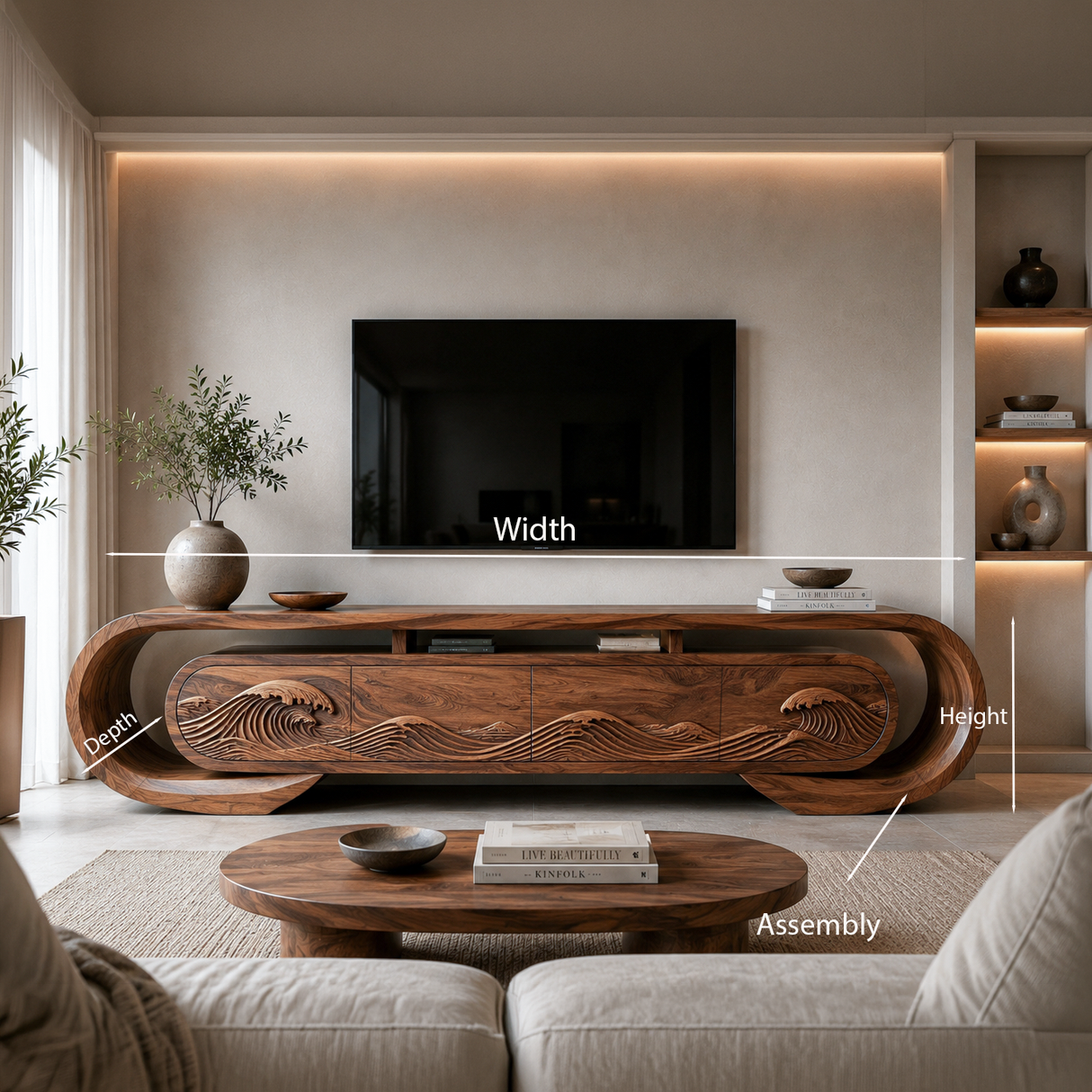 Contemporary TV Console Flowing Wave Carved Doors For Modern Interior