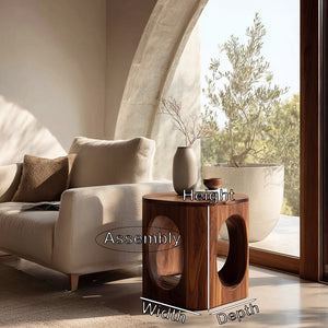 Geometric Carved Natural Wood Side Table For Living Room