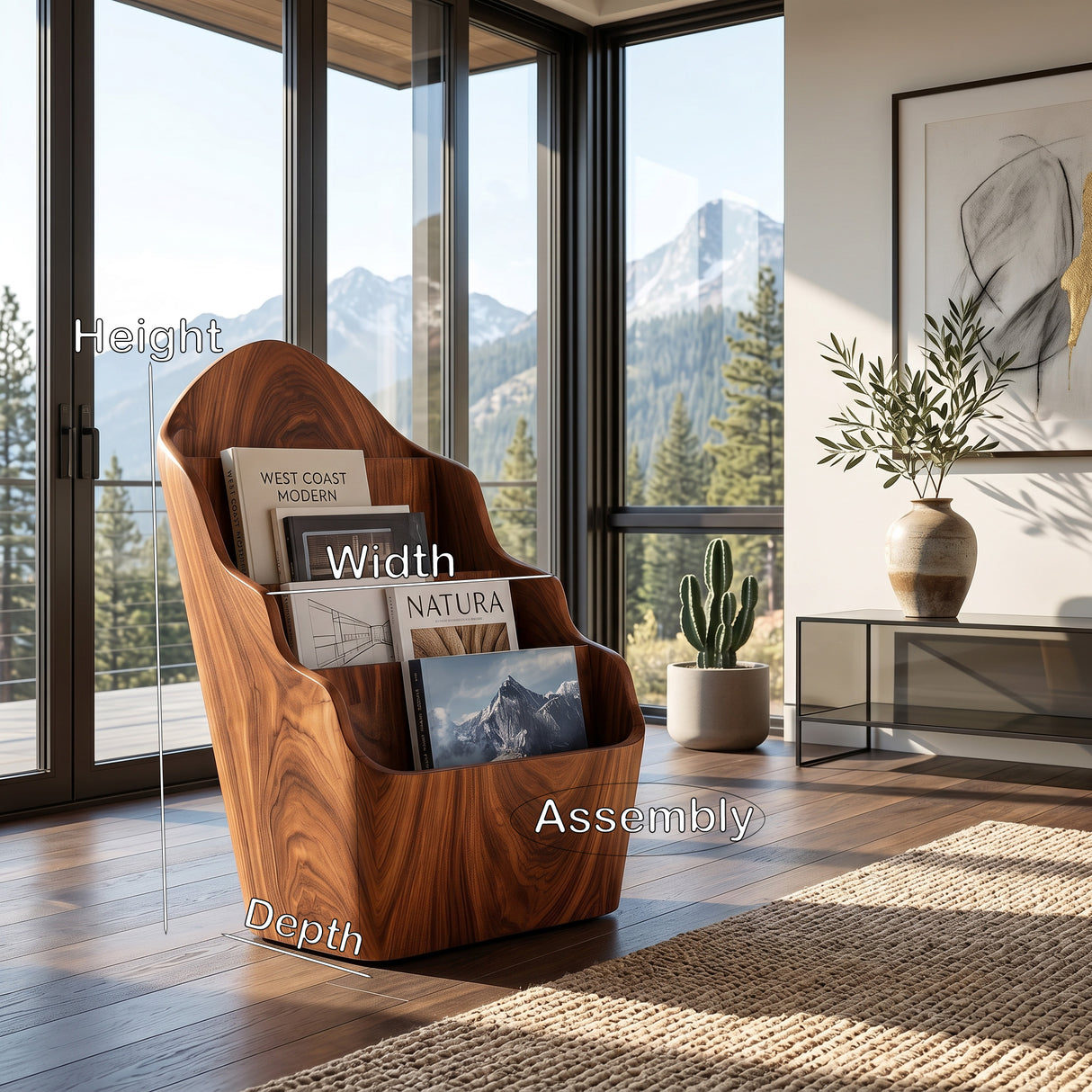 Organic Wooden Curved Tiered Magazine Rack For Living Room