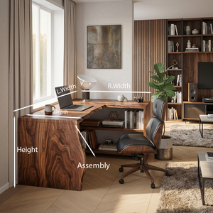 Modern L Shaped Wooden Desk With Bookshelf For Home Office Or Study