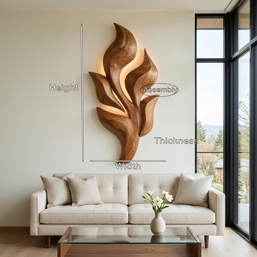 Sculptural Wooden Leaf Wall Art With Warm Light For Home