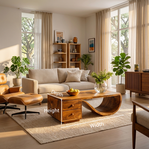 Wood Coffee Table With Unique Curved Base And Drawer For Home