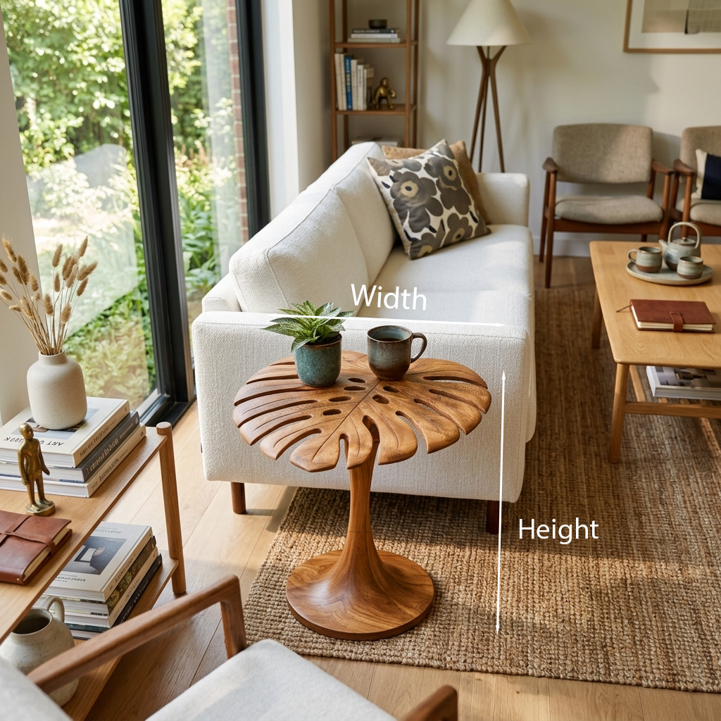 Sculptural Wood Side Table With Leaf Shape Top For Living