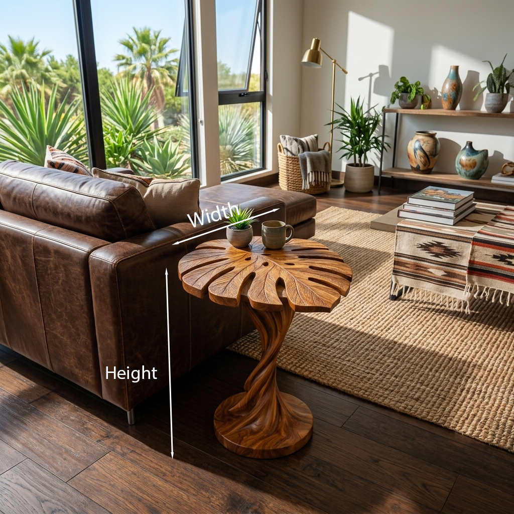 Modern Wood Side Table With Artistic Leaf Top For Living