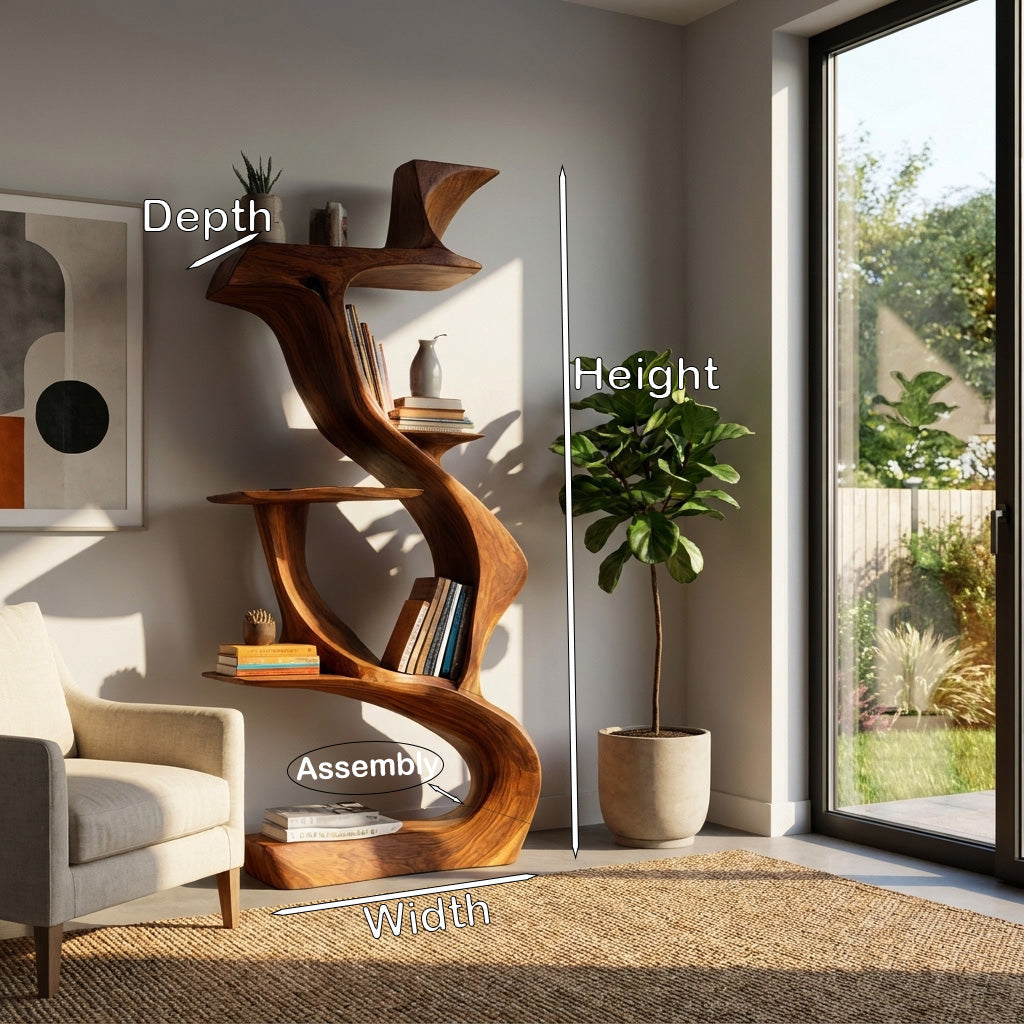 Sculptural Natural Wood Bookshelf For Living Room