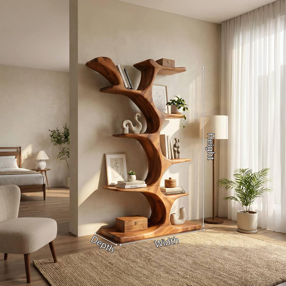 Mid Century Sculptural Bookcase Storage Organizer For Bedroom Space
