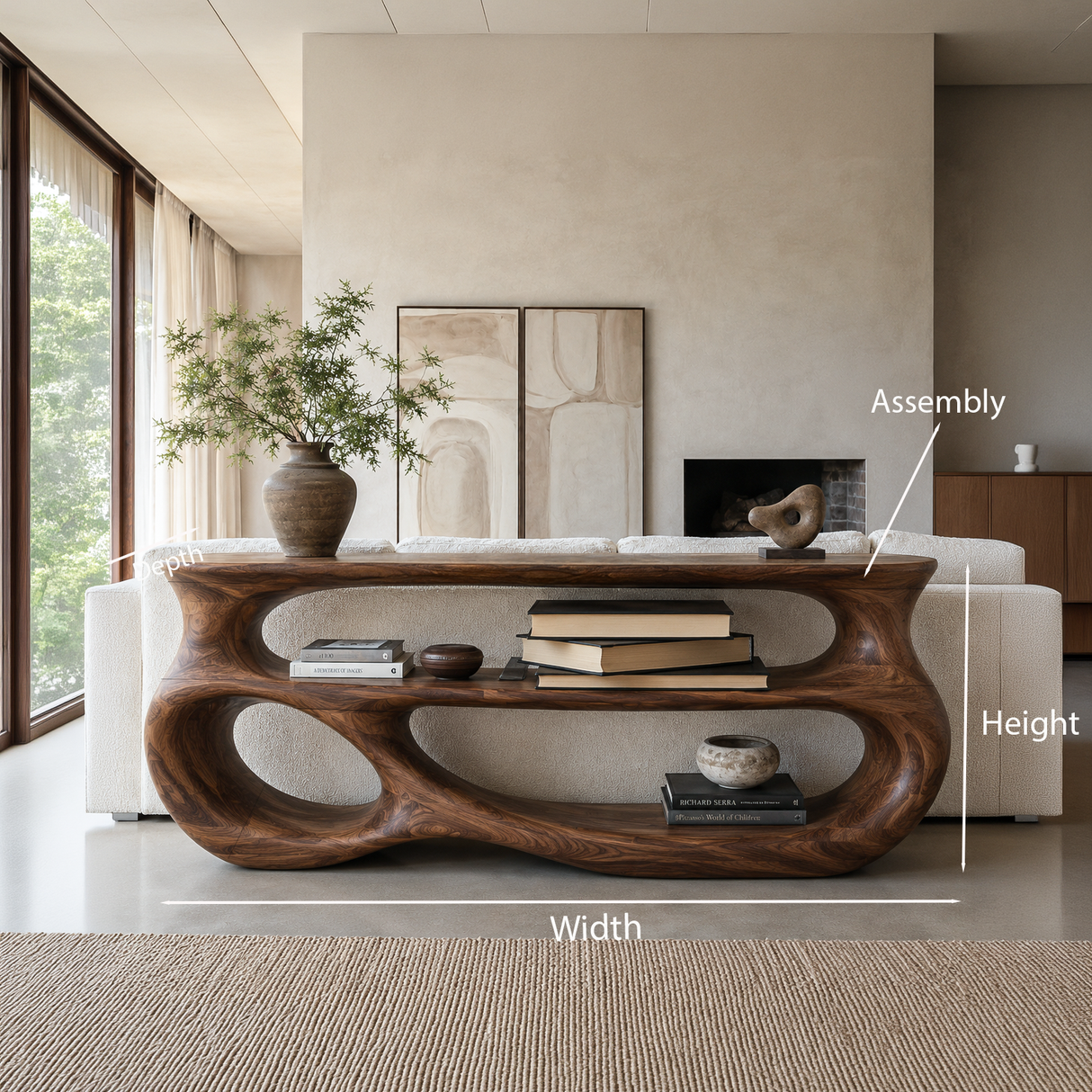 Contemporary Wooden Console Table With Rounded Sculpture For Living Room